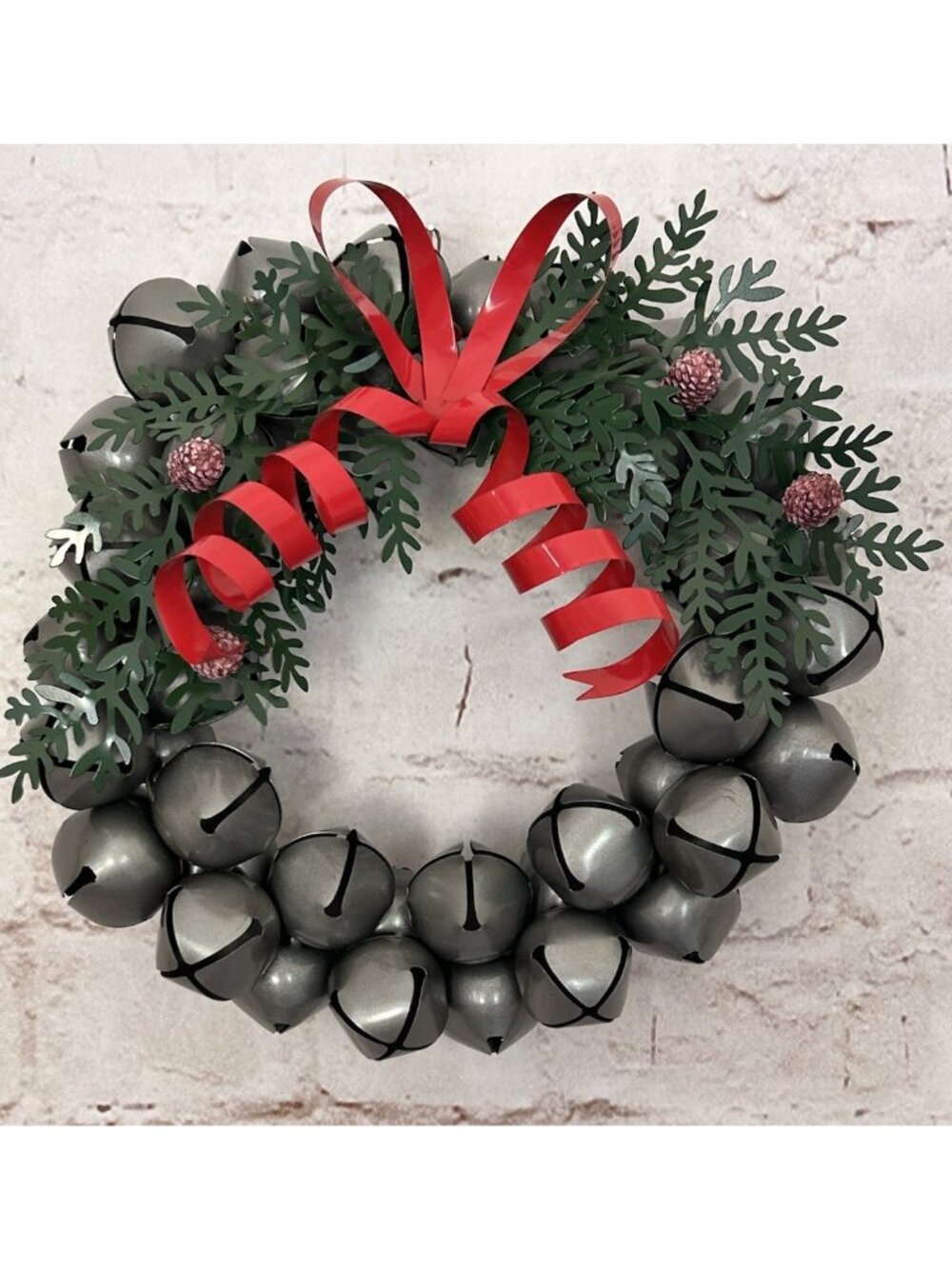 Vintage Dept 56 Pewter Sleighbell Wreath Metal Bow and Trim Green Red Christmas